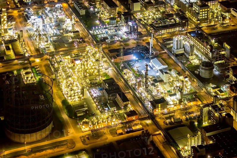 Aerial view, chemical park Marl, chemical zone, Marl, Ruhr area, North Rhine-Westphalia, Germany, DE, twilight photography, Europe, commercial area, commercial area, commercial location, commercial use, industrial area, industrial location, light pollution, aerial photography, aerial photography, aerial photography, night, night photography, night flight, overview, bird's eye view, illuminated streets, birds-eyes view, nightflight, overview