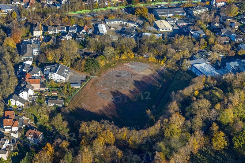 Aerial view, former sports field Gisbert-Kranz-Platz and planning for sports hall, indoor swimming pool and leisure sports in Menden, Sauerland, North Rhine-Westphalia, Germany, DE, Europe, aerial view, aerial photography, aerial photography, Menden, sports field, sports facility, overview, bird's-eye view, overview