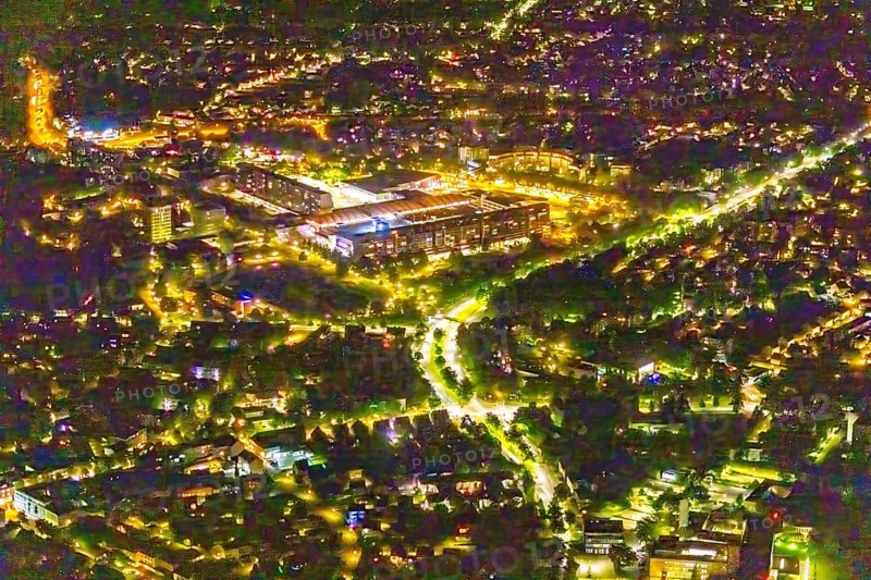 Aerial photography, Marler Stern shopping centre, Marl, Ruhr area, North Rhine-Westphalia, Germany, DE, twilight photography, shopping centre, shopping plaza, shopping mall, Europe, specialist stores, Hervester Straße, light pollution, aerial photography, aerial photography, night, night photography, night flight, shopping, overview, bird's eye view, illuminated streets, birds-eyes view, nightflight, overview