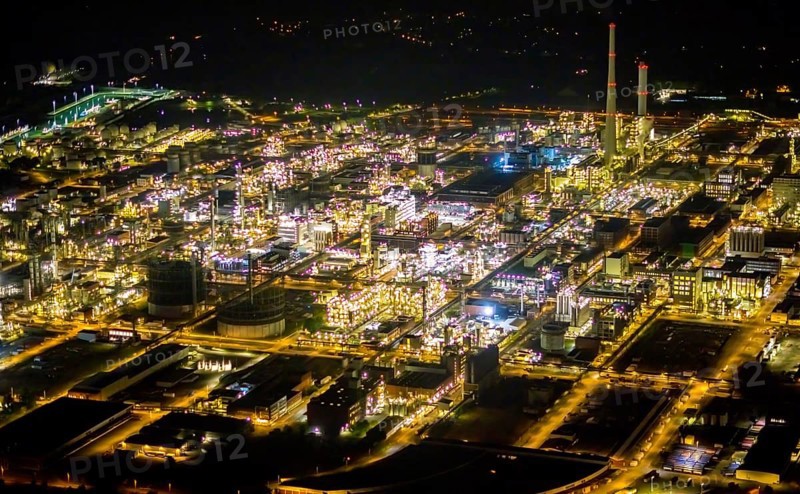 Aerial view, chemical park Marl, chemical zone, Marl, Ruhr area, North Rhine-Westphalia, Germany, DE, twilight photography, Europe, commercial area, commercial area, commercial location, commercial use, industrial area, industrial location, light pollution, aerial photography, aerial photography, aerial photography, night, night photography, night flight, overview, bird's eye view, illuminated streets, birds-eyes view, nightflight, overview