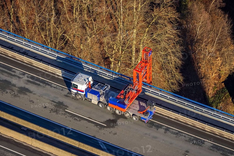 Aerial photo, construction measure with emergency reinforcement for Rahmede viaduct on the A45 Sauerlandlinie motorway in the Gevelndorf district of Lüdenscheid, Sauerland, North Rhine-Westphalia, Germany, A45, construction work, construction measure, construction site, DE, Europe, aerial photo, aerial photography, aerial photography, Lüdenscheid, emergency reinforcement, through road, Rahmede viaduct, Sauerland line, closure of Rahmede viaduct, traffic jam, traffic jam, overview, traffic chaos, traffic infrastructure, traffic jam, bird's-eye view, lack of load-bearing capacity, dilapidated bridge, dilapidated bridges, overview