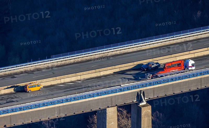 Aerial photo, construction measure with emergency reinforcement for Rahmede viaduct on the A45 Sauerlandlinie motorway in the Gevelndorf district of Lüdenscheid, Sauerland, North Rhine-Westphalia, Germany, A45, construction work, construction measure, construction site, DE, Europe, aerial photo, aerial photography, aerial photography, Lüdenscheid, emergency reinforcement, through road, Rahmede viaduct, Sauerland line, closure of Rahmede viaduct, traffic jam, traffic jam, overview, traffic chaos, traffic infrastructure, traffic jam, bird's-eye view, lack of load-bearing capacity, dilapidated bridge, dilapidated bridges, overview