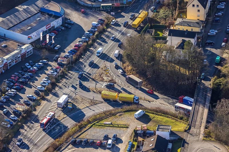 Aerial view, through road with truck traffic jam on Werdohler Landstraße corner Brunscheider Straße at the exit Lüdenscheid of the motorway A45 Sauerlandlinie because of the closed viaduct Rahmede in the district Leifringhausen in Lüdenscheid, Sauerland, North Rhine-Westphalia, Germany, A45, motorway junction, DE, Europe, truck traffic jam, aerial view, aerial photography, aerial photography, Lüdenscheid, through road, Sauerland line, closure of the Rahmede viaduct, traffic jam, traffic jam, road traffic, overview, diversion, traffic volume, traffic chaos, traffic infrastructure, traffic jam, bird's eye view, birds-eyes view, dilapidated bridge, dilapidated bridges, overview