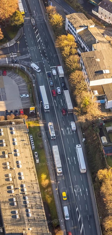 Aerial view, through road with truck traffic jam on the Lennestraße at the exit Lüdenscheid of the motorway A45 Sauerlandlinie because of the closed viaduct Rahmede in the district Leifringhausen in Lüdenscheid, Sauerland, North Rhine-Westphalia, Germany, A45, motorway junction, DE, Europe, truck traffic jam, aerial view, aerial photography, aerial photography, Lüdenscheid, through road, Sauerlandlinie, closure of the Rahmede viaduct, traffic jam, traffic jam, road traffic, overview, diversion, traffic volume, traffic chaos, traffic infrastructure, traffic jam, bird's eye view, birds-eyes view, dilapidated bridge, dilapidated bridges, overview