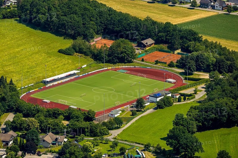 Aerial view, sports field at the Habuche, Grevenbrück, Lennestadt, Sauerland, North Rhine-Westphalia, Germany, DEU, Europe, football pitch, football stadium, hilly landscape, athletics stadium, aerial view, aerial photography, aerial photography, sports, sports facilities, sports field, sports facility, tennis, tennis facility, tennis courts, overview, bird's-eye view, bird's-eye view, overview