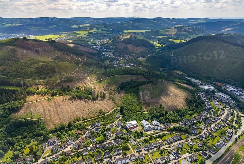 Aerial photo, Berufskolleg des Kreises Olpe, forest area and forest damage Kirchhundem Altenhundem, Lennestadt, Sauerland, North Rhine-Westphalia, Germany, tree dieback, vocational school, education, educational institution, bark beetle damage, bark beetle plague, DEU, Europe, spruce dieback, clear cutting, college, teaching institute, aerial photo, aerial photography, aerial photography, school, overview, bird's-eye view, forest, forest damage, forest dieback, birds-eyes view, overview