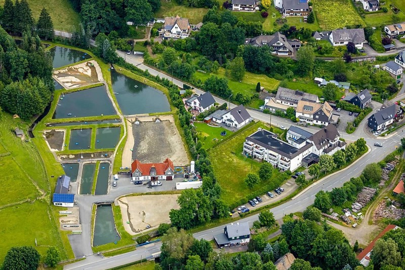 Aerial photo, Sauerland trout farm Rameil, fish ponds, Langenei, Lennestadt, Sauerland, North Rhine-Westphalia, Germany, fishing ponds, DEU, Europe, fish farming, fish farm, aerial photo, aerial photography, aerial photography, overview, bird's-eye view, overview