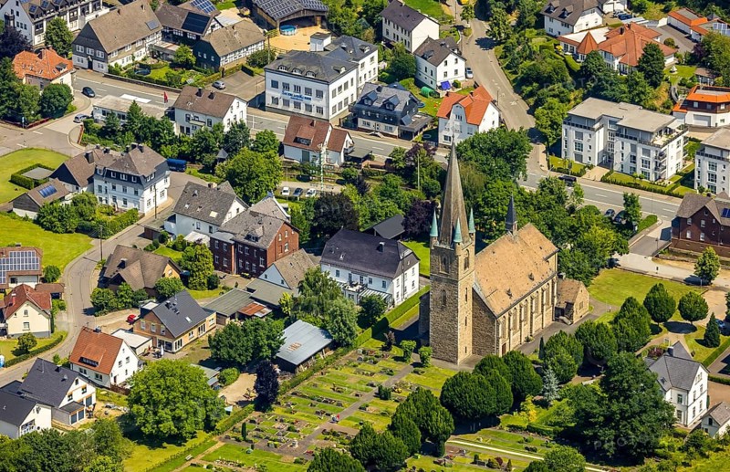 Aerial view, St. Nicholas Church, Grevenbrück, Lennestadt, Sauerland, North Rhine-Westphalia, Germany, place of worship, DEU, Europe, religious community, place of worship, holy place, hilly landscape, church, parish, denomination, aerial view, aerial photography, aerial photography, religion, religious site, overview, bird's-eye view, bird's-eye view, overview