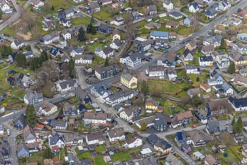 Aerial view, Littfeld town centre with Kapellenschule citizens' meeting place, Littfeld, Kreuztal, Sauerland, North Rhine-Westphalia, Germany, education, educational institution, DE, Europe, property tax, real estate, Siegen-Wittgenstein district, educational institute, aerial view, aerial photography, aerial photography, school, overview, bird's-eye view, residential complex, living and living, residential area, residential buildings, residential quality, housing estate, bird's-eye view, overview