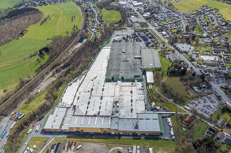 Aerial photo, Krombacher brewery logistics centre, Krombach, Kreuztal, Sauerland, North Rhine-Westphalia, Germany, DE, Europe, freight transport, Siegen-Wittgenstein district, logistics, logistics service, logistics service provider, logistics provider, logistics centre, aerial photo, aerial photography, aerial photography, overview, bird's-eye view, overview