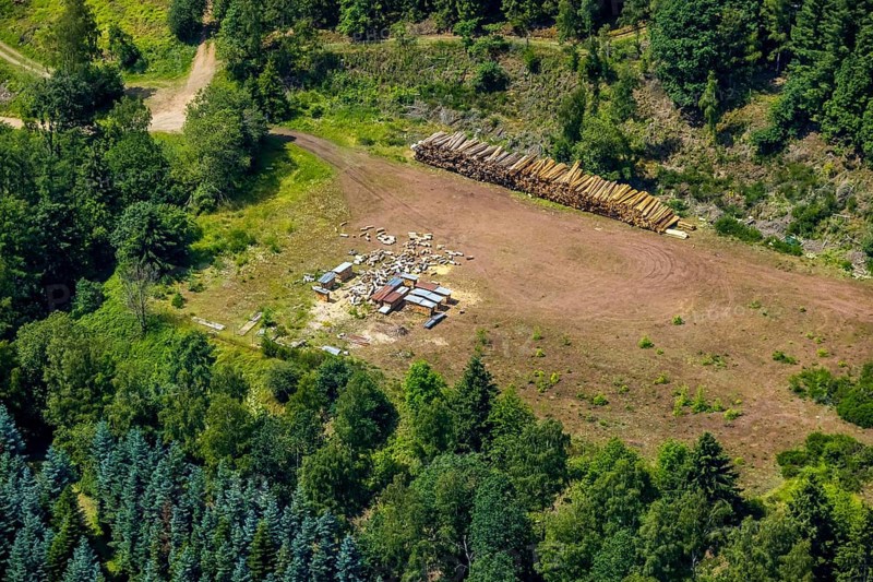 Aerial view, wood storage area in the forest sports ground GymSL, Altenhundem, Lennestadt, Sauerland, North Rhine-Westphalia, Germany, DEU, Europe, aerial view, aerial photography, aerial photography, overview, bird's-eye view, overview