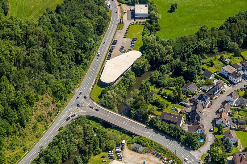 Aerial view, Mercedes-Benz car dealer, Grevenbrück, Lennestadt, Sauerland, North Rhine-Westphalia, Germany, DEU, Europe, commercial enterprises, commercial area, commercial location, commercial use, aerial photograph, aerial photography, aerial photography, overview, bird's-eye view, overview