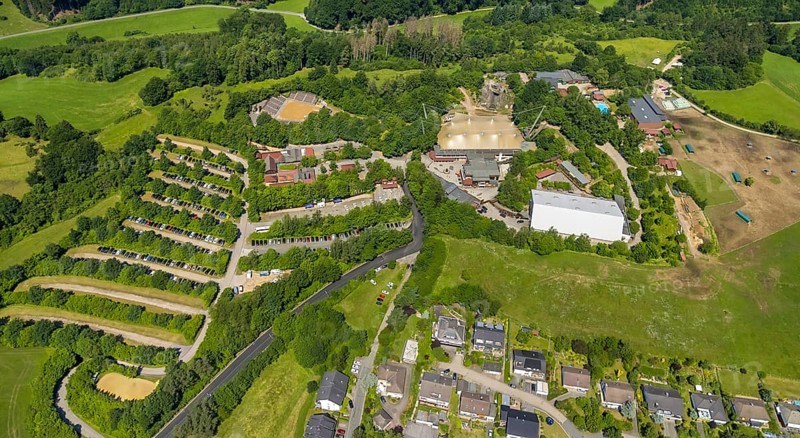 Aerial view, Elspe festival site, Elspe, Lennestadt, Sauerland, North Rhine-Westphalia, Germany, DEU, Europe, Karl May Festival, culture, art, aerial photography, aerial photography, aerial photography, natural stage, car parks, overview, venue, event location, bird's-eye view, cultural use, overview