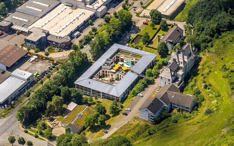 Aerial view, Caritas retirement home and nursing home St. Franziskus-Haus, Elspe, Lennestadt, Sauerland, North Rhine-Westphalia, Germany, demolition, retirement home, retirement home, care and nursing, Bielefelder Straße, DE, DEU, Europe, aerial view, aerial photography, aerial photography, care facility, retirement home, retirement residence, retirement home, senior centre, overview, bird's eye view, birds-eyes view, overview, dilapidated, destroyed building