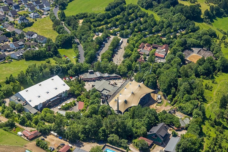 Aerial view, Elspe-Festival-Gelände, Elspe, Lennestadt, Sauerland, North Rhine-Westphalia, Germany, DEU, Europe, Karl-May-Festival, culture, art, aerial photography, aerial photography, natural stage, overview, venue, event location, bird's-eye view, cultural use, overview