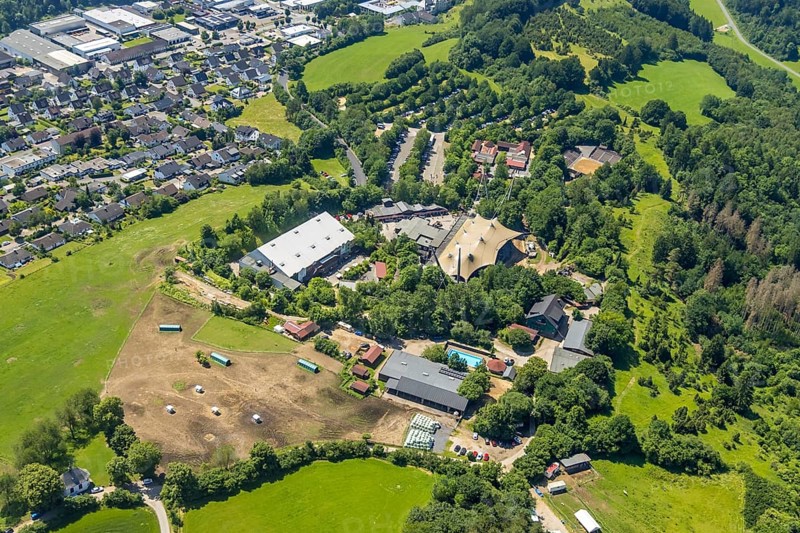 Aerial view, Elspe-Festival-Gelände, Elspe, Lennestadt, Sauerland, North Rhine-Westphalia, Germany, DEU, Europe, Karl-May-Festival, culture, art, aerial photography, aerial photography, natural stage, overview, venue, event location, bird's-eye view, cultural use, overview