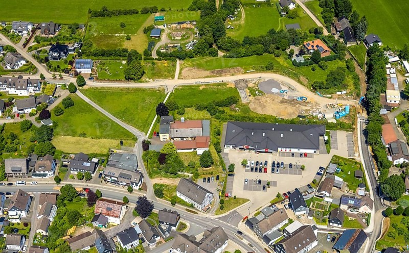 Aerial view, Penny supermarket and construction site Seilmecke in Elspe, Lennestadt, Sauerland, North Rhine-Westphalia, Germany, construction work, construction area, building site, building plots, construction project, construction site, DEU, Europe, aerial view, aerial photography, aerial photography, overview, bird's-eye view, overview