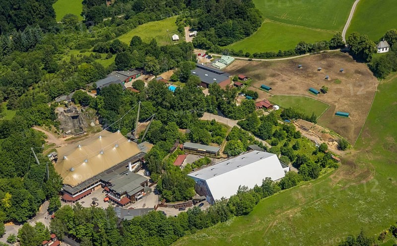 Aerial view, Elspe-Festival-Gelände, Elspe, Lennestadt, Sauerland, North Rhine-Westphalia, Germany, DEU, Europe, Karl-May-Festival, culture, art, aerial photography, aerial photography, natural stage, overview, venue, event location, bird's-eye view, cultural use, overview