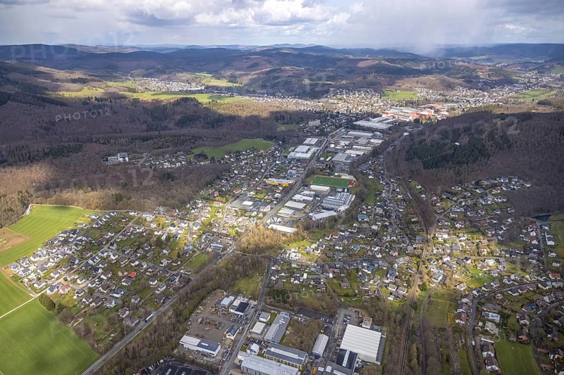 Aerial view, industrial park Ferndorftal, Kredenbach, Kreuztal, Sauerland, North Rhine-Westphalia, Germany, DE, Europe, commercial enterprises, commercial area, commercial park, commercial location, commercial use, industrial area, industrial location, district Siegen-Wittgenstein, aerial photograph, aerial photography, aerial photography, overview, bird's-eye view, bird's-eye view, overview