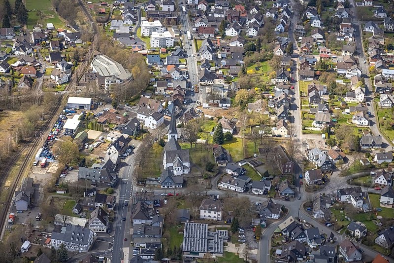 Aerial view, Evang. Laurentius Church and Local History Museum in the district of Ferndorf, Kreuztal, Sauerland, North Rhine-Westphalia, Germany, place of worship, DE, Europe, religious community, place of worship, sacred site, church, parish, denomination, Siegen-Wittgenstein district, aerial view, aerial photography, aerial photography, museum, religion, religious site, overview, bird's-eye view, overview