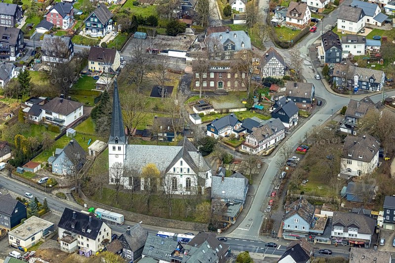 Aerial view, Evang. Laurentius Church and Local History Museum in the district of Ferndorf, Kreuztal, Sauerland, North Rhine-Westphalia, Germany, place of worship, DE, Europe, religious community, place of worship, sacred site, church, parish, denomination, Siegen-Wittgenstein district, aerial view, aerial photography, aerial photography, museum, religion, religious site, overview, bird's-eye view, overview