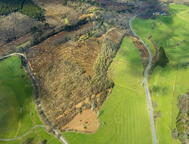 Aerial view, forest damage at Kihlenberg, Kruberg, Kirchhundem, Sauerland, Olpe district, North Rhine-Westphalia, Germany, DE, Europe, landscape conservation area, aerial view, aerial photography, aerial photography, overview, bird's eye view, juniper heath Kihlenberg, birds-eyes view, overview, bark beetle damage, spruce dieback
