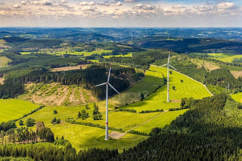 Aerial view, wind turbine at Rahrbach, forest area with forest damage, Welschen-Ennest, Kirchhundem, Sauerland, North Rhine-Westphalia, Germany, tree mortality, bark beetle damage, bark beetle plague, DEU, energy industry, Europe, spruce mortality, clear-cutting, aerial photography, aerial photography, overview, bird's-eye view, WEA, forest, forest damage, forest dieback, wind energy, wind energy plant, wind power, wind turbine, wind turbines, birds-eyes view, overview