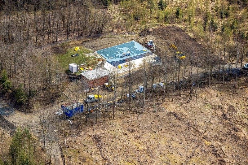 Aerial view, construction site in the forest at the Ferndorfer Klippen in Buschhütten, Kreuztal, Sauerland, North Rhine-Westphalia, Germany, construction work, construction area, construction site, building plots, construction project, construction site, DE, Europe, Siegen-Wittgenstein district, aerial photograph, aerial photography, aerial photography, overview, bird's-eye view, bird's-eye view, overview