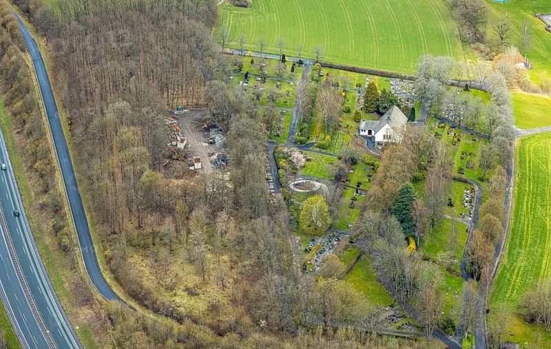 Aerial view, Buschhütten cemetery with chapel, Buschhütten, Kreuztal, Sauerland, North Rhine-Westphalia, Germany, burial site, DE, Europe, cemetery, memorial, place of worship, graves, burial ground, Siegen-Wittgenstein district, aerial photograph, aerial photography, aerial photography, resting place, overview, bird's-eye view, bird's-eye view, overview