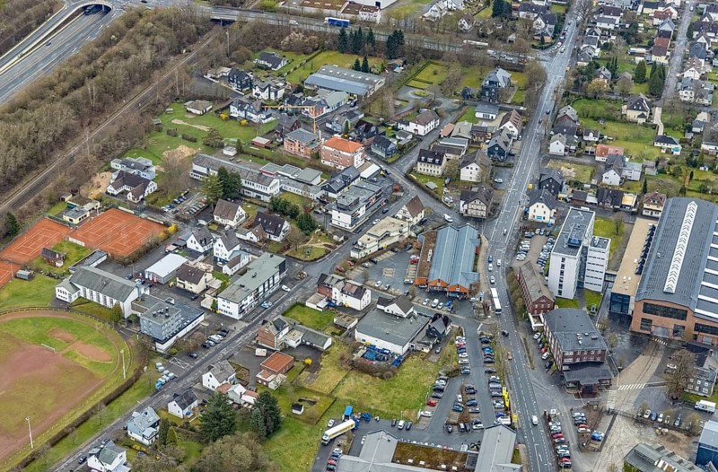 Aerial view, Aldi Markt Siegener Straße, construction site Bottenbacher Straße, Buschhütten, Kreuztal, Sauerland, North Rhine-Westphalia, Germany, DE, Europe, district Siegen-Wittgenstein, aerial view, aerial photography, aerial photography, overview, bird's-eye view, overview