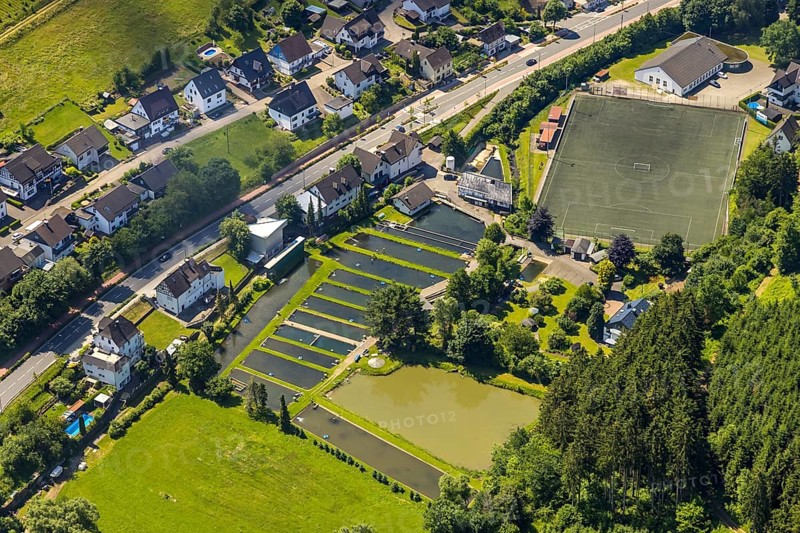 Aerial view, local view Oberelspe with sports field and fish ponds, Lennestadt, Sauerland, North Rhine-Westphalia, Germany, mountains and valleys, DEU, Europe, football pitch, aerial view, aerial photography, aerial photography, sports, sports facilities, sports field, sports facility, overview, bird's eye view, forest, forest area, birds-eyes view, overview