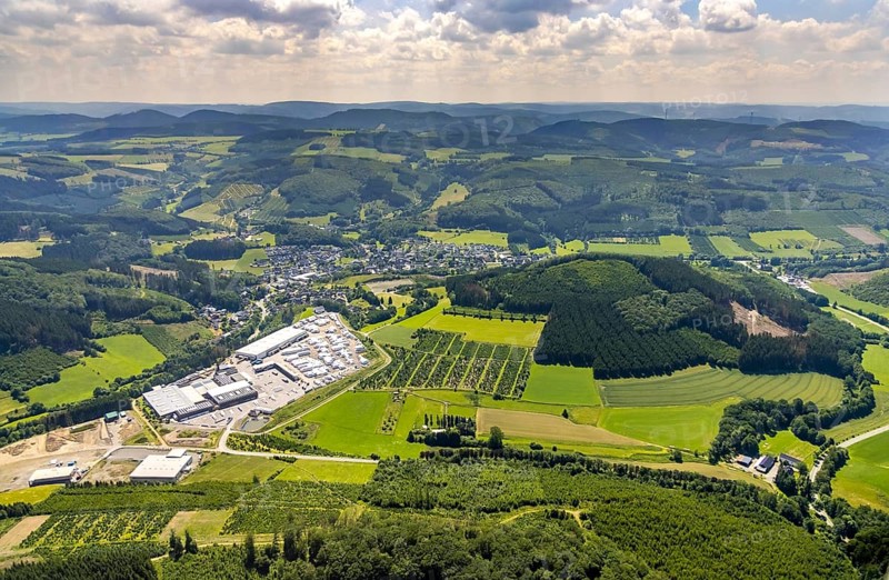Aerial view, Josef Schmelter GmbH Sägewerk, Schöndelt, Lennestadt, Sauerland, North Rhine-Westphalia, Germany, DEU, Europe, distant view, commercial enterprises, commercial area, commercial park, commercial location, commercial use, hilly landscape, industrial area, industrial building, industrial location, aerial view, aerial photography, aerial photography, overview, bird's-eye view, forest area, birds-eyes view, overview