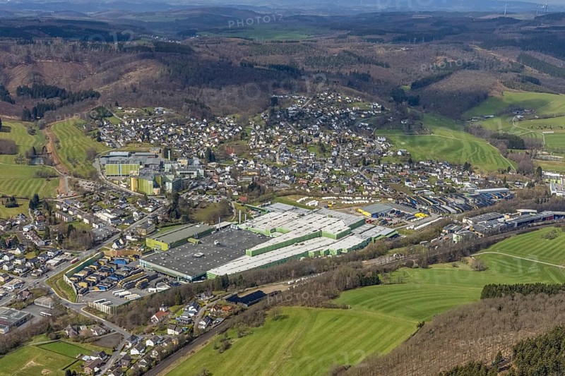 Aerial view, aerial view of Krombach with Krombacher Brauerei Bernhard Schadeberg GmbH, Krombach, Kreuztal, Sauerland, North Rhine-Westphalia, Germany, brewery, DE, Europe, distant view, commercial enterprises, commercial area, commercial area, commercial location, commercial use, hilly landscape, industrial area, industrial location, Siegen-Wittgenstein district, aerial view, aerial photography, aerial photography, overview, bird's eye view, birds-eyes view, overview