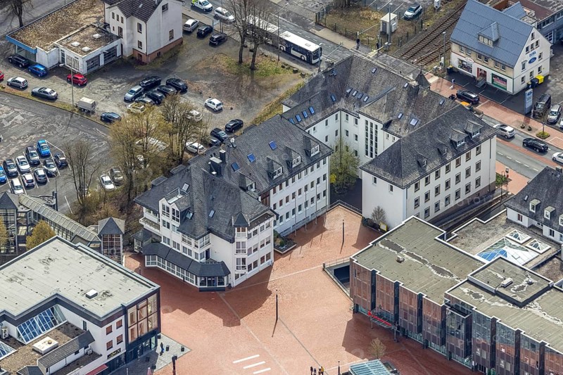 Aerial view, market place Kreuztal with town hall, Kreuztal, Sauerland, North Rhine-Westphalia, Germany, authority, city, DE, Europe, city centre, district Siegen-Wittgenstein, aerial view, aerial photography, aerial photography, market place, town hall, city library Kreuztal, city administration, city centre, overview, bird's eye view, birds-eyes view, overview