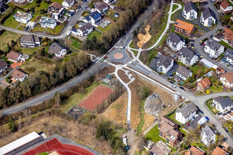 Aerial view, roundabout and construction site Hessengarten corner Zum Erbstollen, new construction footpath and cycle path, Kreuztal, Sauerland, North Rhine-Westphalia, Germany, construction work, construction area, building site, building plots, construction project, construction site, DE, Europe, Siegen-Wittgenstein district, aerial view, aerial photography, aerial photography, overview, bird's-eye view, bird's-eye view, overview