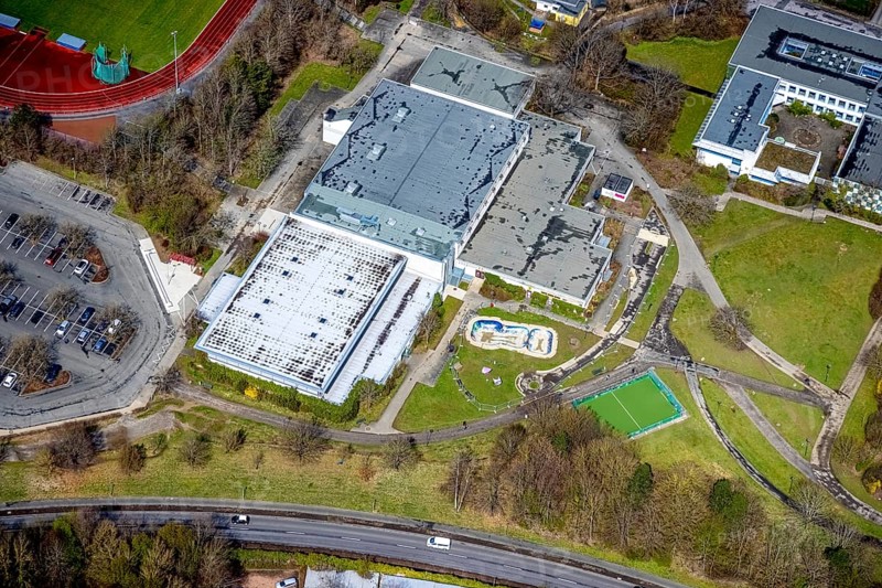 Aerial view, sports hall Kreuztal, Kreuztal, Sauerland, North Rhine-Westphalia, Germany, DE, triple hall, Europe, hall, district Siegen-Wittgenstein, aerial view, aerial photography, aerial photography, overview, bird's-eye view, overview