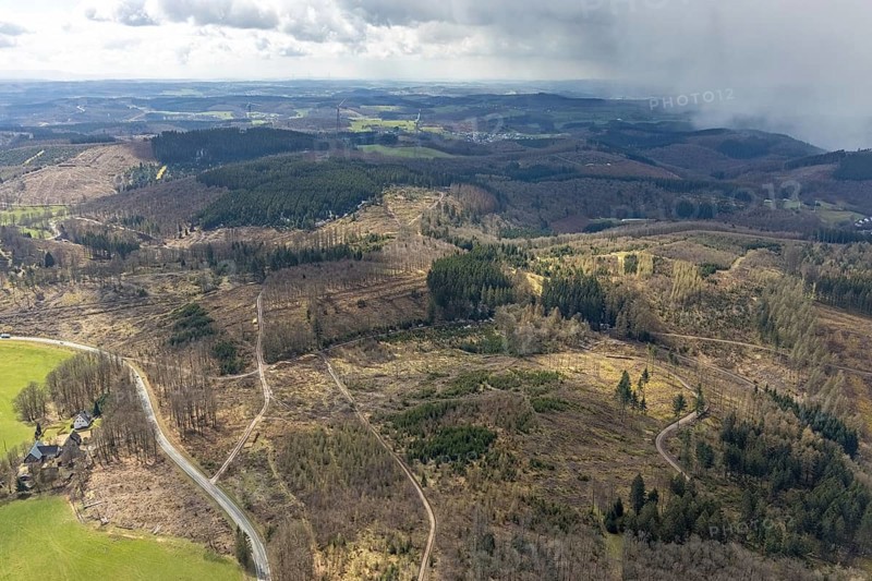 Aerial view, forest damage at Kihlenberg, Kruberg, Kirchhundem, Sauerland, Olpe district, North Rhine-Westphalia, Germany, DE, Europe, landscape conservation area, aerial view, aerial photography, aerial photography, overview, bird's eye view, juniper heath Kihlenberg, birds-eyes view, overview