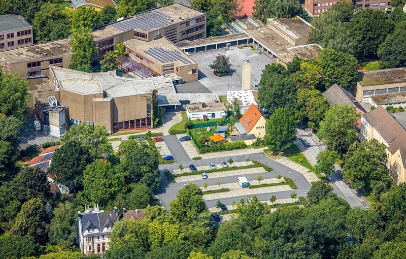 Aerial photo, Städtisches Gymnasium Kamen, Kolonie Tannenberg, Kamen, Ruhr area, North Rhine-Westphalia, Germany, education, educational institution, DE, Europe, grammar school, teaching institute, aerial photo, aerial photography, aerial photography, school, overview, bird's-eye view, birds-eyes view, overview