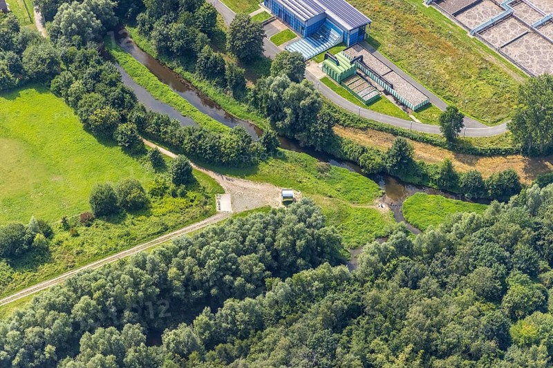 Aerial view, sight pixel tube at the river Seseke in Kamen, Ruhr area, North Rhine-Westphalia, Germany, DE, Europe, Kamen, art, aerial view, aerial photography, aerial photography, sight, Sesekeweg, sculpture, overview, bird's-eye view, overview