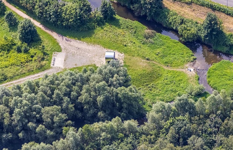 Aerial view, sight pixel tube at the river Seseke in Kamen, Ruhr area, North Rhine-Westphalia, Germany, DE, Europe, Kamen, art, aerial view, aerial photography, aerial photography, sight, Sesekeweg, sculpture, overview, bird's-eye view, overview
