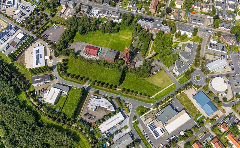 Aerial view, Start-up centre and Technopark Kamen on the former site of the Monopol Schacht Grillo colliery with winding tower Kamen, Kamen, Ruhr area, North Rhine-Westphalia, Germany, mining, DE, Europe, winding tower, commercial enterprises, commercial area, commercial location, commercial use, industrial area, industrial location, aerial view, aerial photography, aerial photography, sight, coal mine, technology park, tower, overview, bird's eye view, birds-eyes view, former mine, overview
