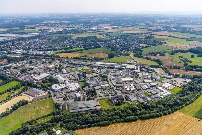Aerial view, industrial area Hemsack in Südkamen, Kamen, Ruhr area, North Rhine-Westphalia, Germany, DE, Europe, commercial enterprises, commercial area, commercial park, commercial location, commercial use, industrial area, industrial location, aerial photograph, aerial photography, aerial photography, overview, bird's-eye view, overview