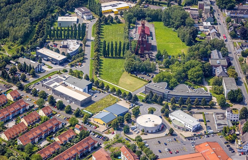 Aerial view, Start-up centre and Technopark Kamen on the former site of the Monopol Schacht Grillo colliery with winding tower Kamen, Kamen, Ruhr area, North Rhine-Westphalia, Germany, mining, DE, Europe, winding tower, commercial enterprises, commercial area, commercial location, commercial use, industrial area, industrial location, aerial view, aerial photography, aerial photography, sight, coal mine, technology park, tower, overview, bird's eye view, birds-eyes view, former mine, overview