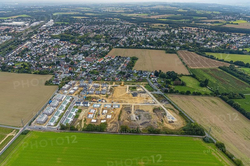 Aerial view, construction site and new building, Emscherquelle residential park on the site of the former Hellweg barracks in the Hohenleuchte district of Holzwickede, Ruhr area, North Rhine-Westphalia, Germany, construction work, construction, construction area, building site, building plots, construction project, construction site, DE, Europe, property tax, Holzwickede, real estate, aerial view, aerial photography, aerial photography, new building, overview, bird's-eye view, housing estate, housing and living, residential area, residential buildings, residential quality, residential neighbourhood, housing estate, birds-eyes view, overview