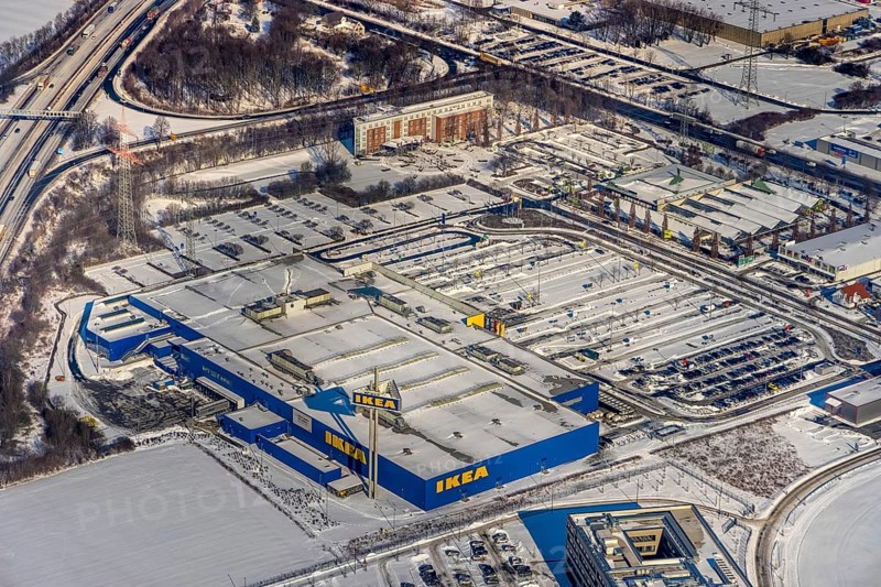 Aerial view, Kamen-Karree, IKEA furniture store Kamen, Mercure Hotel, Kamen, Ruhr area, North Rhine-Westphalia, Germany, DE, Europe, gastronomy, commercial enterprises, commercial area, commercial park, commercial location, commercial use, hotel, hotel facilities, hotel industry, industrial area, industrial location, aerial view, aerial photography, aerial photography, furniture store, snow, overview, bird's-eye view, winter, birds-eyes view, overview