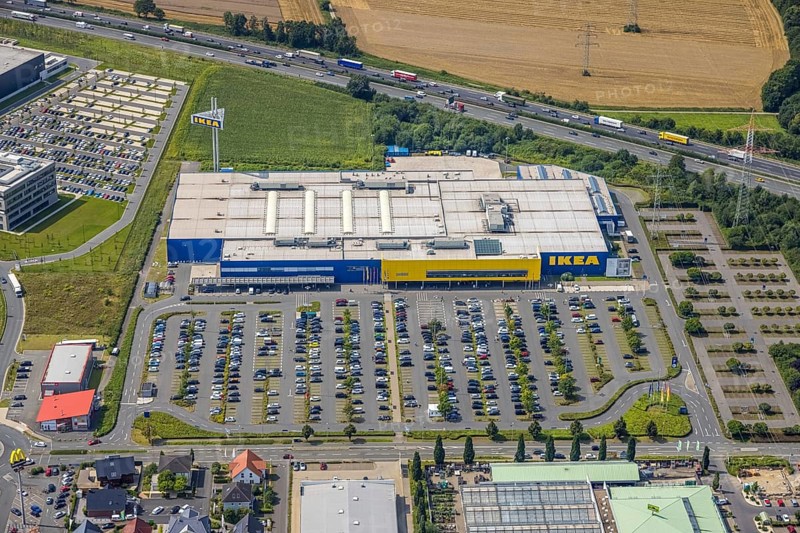 Aerial view, commercial area Unna / Kamen with Ikea, Südkamen, Kamen, Ruhr area, North Rhine-Westphalia, Germany, DE, Europe, commercial enterprises, commercial area, commercial park, commercial location, commercial use, freight traffic, industrial area, industrial building, industrial location, logistics, logistics service, logistics service provider, logistics provider, logistics centre, aerial photograph, aerial photography, aerial photography, overview, bird's-eye view, birds-eyes view, overview