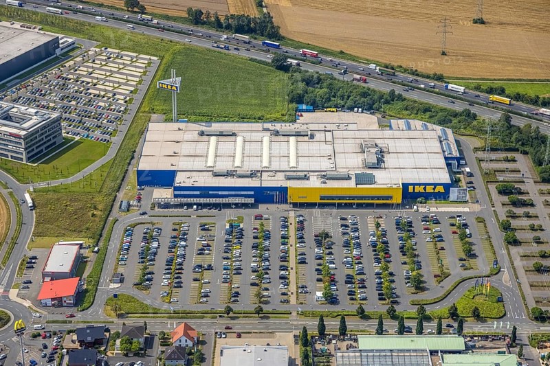 Aerial view, commercial area Unna / Kamen with Ikea, Südkamen, Kamen, Ruhr area, North Rhine-Westphalia, Germany, DE, Europe, commercial enterprises, commercial area, commercial park, commercial location, commercial use, freight traffic, industrial area, industrial building, industrial location, logistics, logistics service, logistics service provider, logistics provider, logistics centre, aerial photograph, aerial photography, aerial photography, overview, bird's-eye view, birds-eyes view, overview