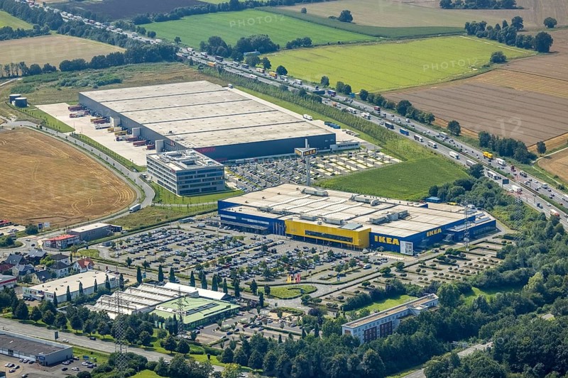 Aerial view, commercial area Unna / Kamen with Ikea and Woolworth, Südkamen, Kamen, Ruhr area, North Rhine-Westphalia, Germany, DE, Europe, commercial enterprises, commercial area, commercial park, commercial location, commercial use, freight traffic, industrial area, industrial building, industrial location, logistics, logistics service, logistics service provider, logistics provider, logistics centre, aerial view, aerial photography, aerial photography, overview, bird's eye view, bird's eye view, overview