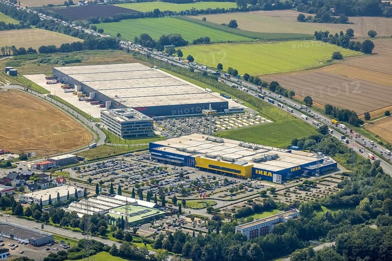 Aerial view, commercial area Unna / Kamen with Ikea and Woolworth, Südkamen, Kamen, Ruhr area, North Rhine-Westphalia, Germany, DE, Europe, commercial enterprises, commercial area, commercial park, commercial location, commercial use, freight traffic, industrial area, industrial building, industrial location, logistics, logistics service, logistics service provider, logistics provider, logistics centre, aerial view, aerial photography, aerial photography, overview, bird's eye view, bird's eye view, overview