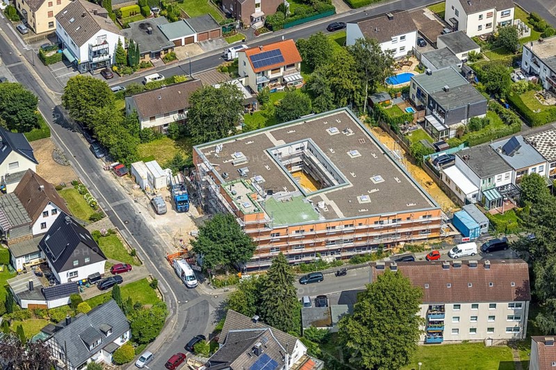Aerial view, construction site and new nursing home Katharina-von-Bora-Haus of the Perthes-Stiftung, Winkelstraße corner Wichernstraße, Holzwickede, Ruhr area, North Rhine-Westphalia, Germany